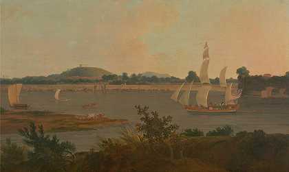 沿着恒河航行的平纳斯，经过蒙赫堡`Pinnace sailing down the Ganges past Monghyr Fort (ca. 1791) by Thomas Daniell