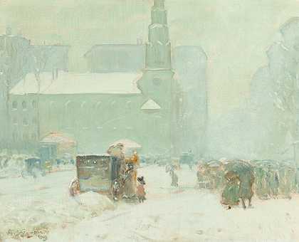 波士顿公园街`Park Street, Boston (1909) by Arthur Clifton Goodwin
