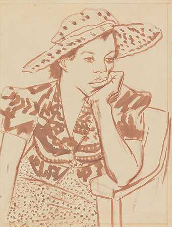 戴着帽子坐在工作室里的女人`Seated woman with hat at Studio (1935 ~ 1943) by Blanche Grambs