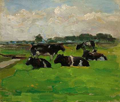 五头牛组成的围场景观`Polder Landscape With Group Of Five Cows (circa 1901~02) by Piet Mondrian
