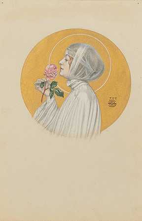 玫瑰少女`Jeune femme à la rose (1909) by Carlos Schwabe