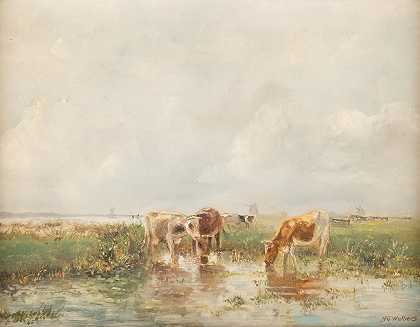 浅滩上的奶牛`Cows in shallow by Hermanus Gerhardus Wolbers