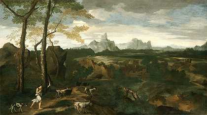 牧民和山羊的风景`Landscape with a Herdsman and Goats (c. 1635) by Gaspard Dughet