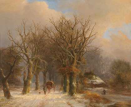 带马车的冬季景观`Winter Landscape with Horse and Cart by Johann Bernhard Klombeck