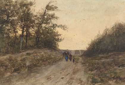 乡村道路上的人物景观`Landschap met figuren op een landweg (1874 ~ 1918) by Louis Apol