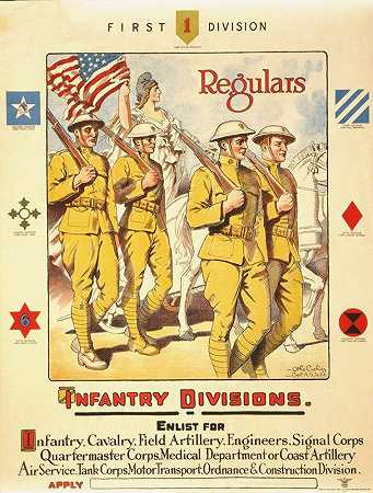 第一师，正规军——步兵师——步兵、骑兵、野战炮兵应征入伍`First division, regulars – Infantry divisions – Enlist for infantry, cavalry, field artillery (1919) by Otho Cushing