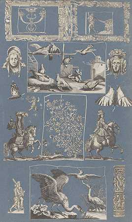 粘贴在蓝纸Pl 07上的剪贴画拼贴`Collage of cut out prints pasted on blue paper Pl 07 (1585)