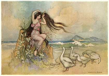海滩上的Marziella`Marziella on the Sea~shore (1911) by Warwick Goble