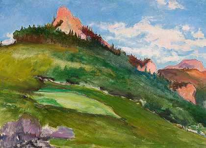 粉色山峰景观`Landscape with pink mountain peaks (circa 1906) by Władysław Ślewiński