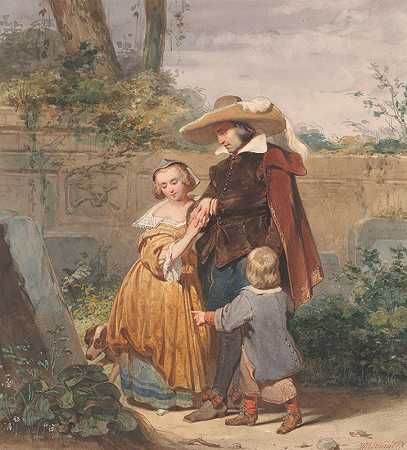父亲带着两个孩子在母亲的墓前`Een vader met twee kinderen bij het graf van de moeder (1842) by Willem Hendrik Schmidt