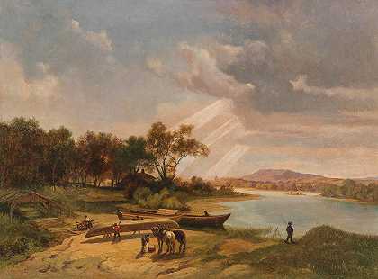 河岸上的造船工`Boatbuilders on the Riverbank (1848) by Ignaz Raffalt
