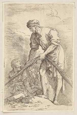 拿着渔网和其他两个人的男人`Man with Fishing Net and Two Other Figures (1656 ~ 1657) by Salvator Rosa