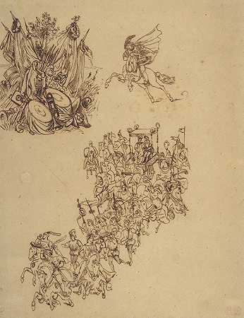 穿着16世纪服装的婚礼队伍骑士还有一个武器奖杯`A Marriage Procession in Sixteenth Century Dress; a Cavalier; and a Trophy of Arms (1798–1863) by Eugène Delacroix