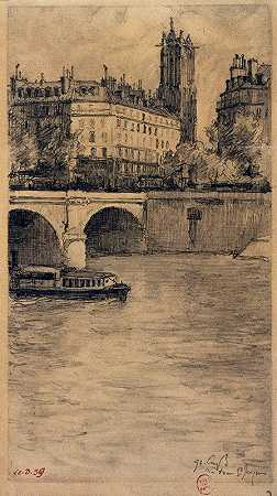 圣母院大桥和圣雅克大厦。`Le pont Notre~Dame et la Tour Saint~Jacques. (1898) by Eugène Béjot