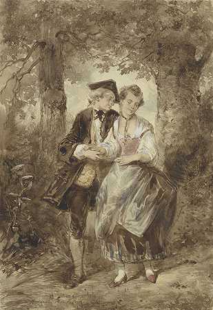 森林里相爱的情侣`Verliefd stel in het bos (1832 ~ 1891) by Herman Frederik Carel Ten Kate