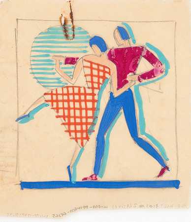 [镶嵌桌面的各种小草图。][设计带有舞伴图案`[Miscellaneous small sketches for inlaid table tops.] [Design with dancing couple motif (1930) by Winold Reiss