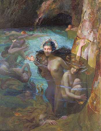 洞穴里的海仙女`Sea Nymphs At A Grotto (1924) by Gaston Bussière
