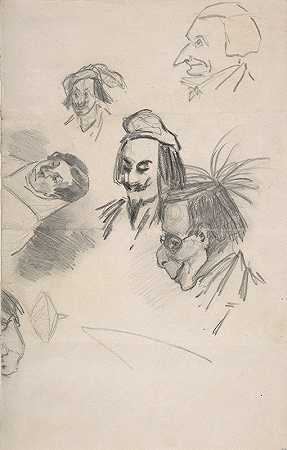 六个头的轮廓图`Sketches of Six Heads in Profile by Félicien Rops
