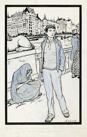 威廉走过一座城市的桥`Willem loopt over een brug in een stad (1926) by Anny Leusink