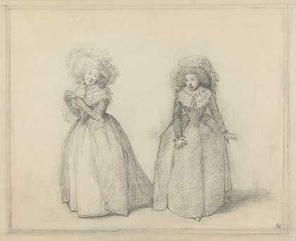 两位女士站在一起交谈，大概是一场戏的场景`Two Ladies Standing in Conversation, Presumably a Scene from a Play by George Dance
