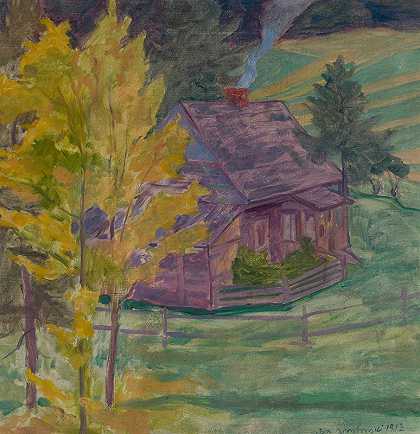 在树林中建房子的景观`Landscape with a house among trees (1912) by Jan Rembowski