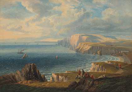 从东面看淡水湾上方悬崖上的步行者`Walkers on the cliffs above Freshwater Bay, viewed from the East (1857) by John Wilson Carmichael