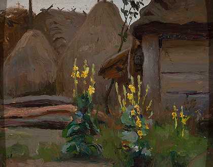 景观研究——小屋前的马林人`Landscape study – Mulleins in front of a cottage (1903) by Stanisław Straszkiewicz
