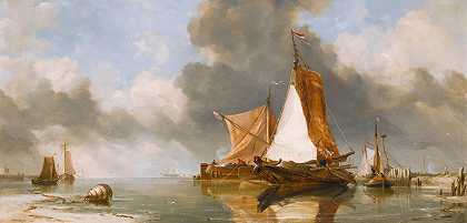 一艘荷兰平静的Zuider-Zee渔船`A Dutch Calm, Zuider Zee Fishing Craft (1849) by Edward William Cooke