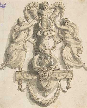 带有两个仙女的门环的设计`Design for a Door~Knocker With Two Nymphs (18th century) by Giacomo Rossi