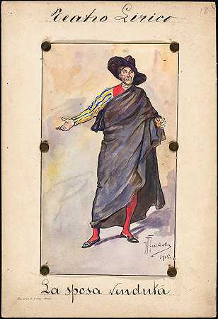 一名男子站在那里，手臂伸开，穿着一件类似托加的服装`A man stands with arm outstretched wearing a toga~like garb (1905) by W. Fasienski