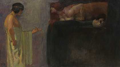 俄狄浦斯解开了狮身人面像之谜`Oedipus solves the mystery of the Sphinx (1891) by Franz von Stuck