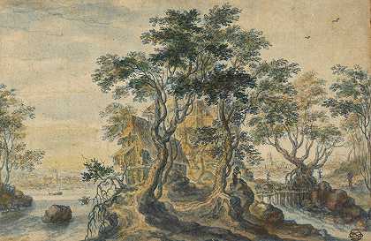 河流景观和岩石岛上的房屋`River Landscape with House on a Rocky Island (about 1620–1630) by Isaac Major