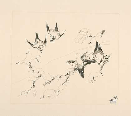 树枝上的鸟被雪覆盖的树。`Oiseaux sur une branche darbre couverte de neige. (1866 ~ 1878) by Félix Bracquemond
