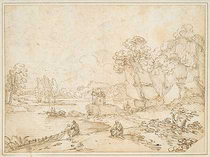河岸上有渔民的悬崖`Cliffs at Riverbank with Fishermen (mid~17th century) by Giovanni Francesco Grimaldi