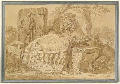 废墟石碑和建筑的碎片`Ruins; Fragments of Stelae and Architecture (18th century) by Circle of Giovanni Paolo Panini