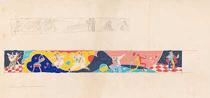【未经确认的酒吧或餐厅壁画设计】[壁画研究]`[Design for mural in unidentified bar or restaurant.] [Study for mural] (1910) by Winold Reiss
