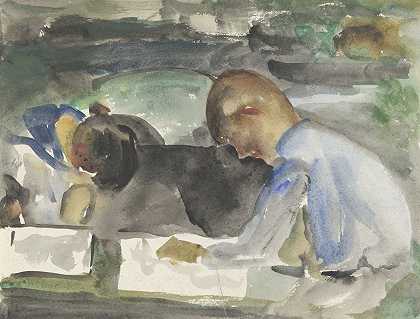 两个画画的孩子`Twee tekenende kinderen (1874) by Carel Adolph Lion Cachet