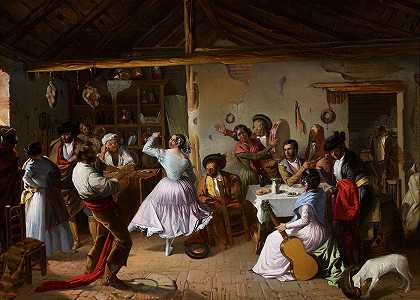 在乡村旅馆跳舞`Dance at a Country Inn (1850) by Rafael Benjumea