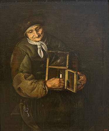 拿着灯的老妇人`Old Woman with a Lamp (circa 1715) by Giacomo Francesco Cipper