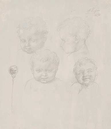 儿童素描头`Sketch for Childrens Heads (1892) by Alphonse Legros
