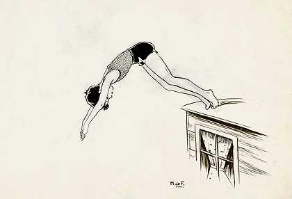 从屋顶跳水的女孩`Meisje duikend van een dak (1928) by Miep de Feijter