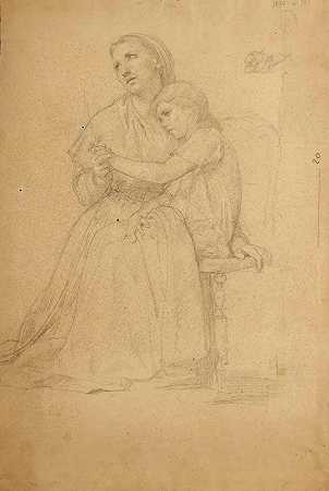 母亲和孩子祈祷和辅助学习手和坐着的孩子`Mère et enfant priant et étude subsidiaire de main et dun enfant assis (1870) by William Bouguereau