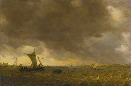 一场风暴开始，韦斯丘伊特人降下船帆的河口景象`An Estuary Scene With The Onset Of A Squall And Weyschuits Lowering Their Sails by Jan van Goyen