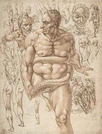 裸体恶魔包围`Nude Demon Encircled by a Serpent, after Michelangelos Last Judgment (1548–1608) by a Serpent, after Michelangelo;s Last Judgment by Giovanni Ambrogio Figino