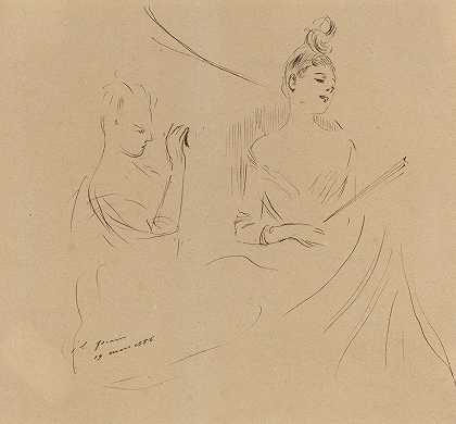 两位女士坐在一起`Two Ladies in a Loge (1886) by Jean-Louis Forain