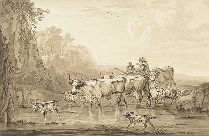 牧羊人和牧羊女与牛羊在池塘边`Herder en herderin met runderen en schapen bij een poel (1766 ~ 1815) by Jacob van Strij