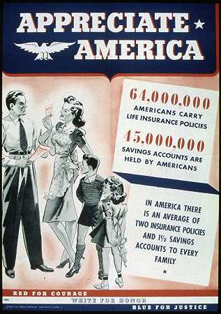 感谢美国。64000,00美国人有人寿保险。45000000个储蓄账户由美国人持有`Appreciate America. 64,000,00 Americans Carry Life Insurance Policies. 45,000,000 Savings Accounts Are Held By Americans (1941~1945)