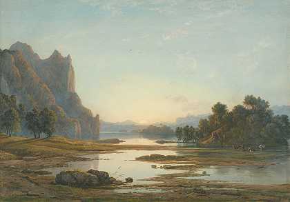 河流景观上的日落`Sunset over a River Landscape (early 1840s) by Francis Danby