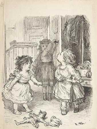 三个小女孩在一个房间里争吵和吐痰`Three Little Girls in a Room Arguing and Spitting (1835–1903) by Lorenz Frølich