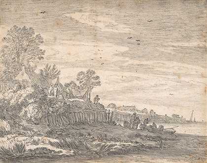 河口上的村庄，岸边有一艘划艇`Village on an estuary, with a rowing boat on the shore (17th century) by Pieter de Molijn